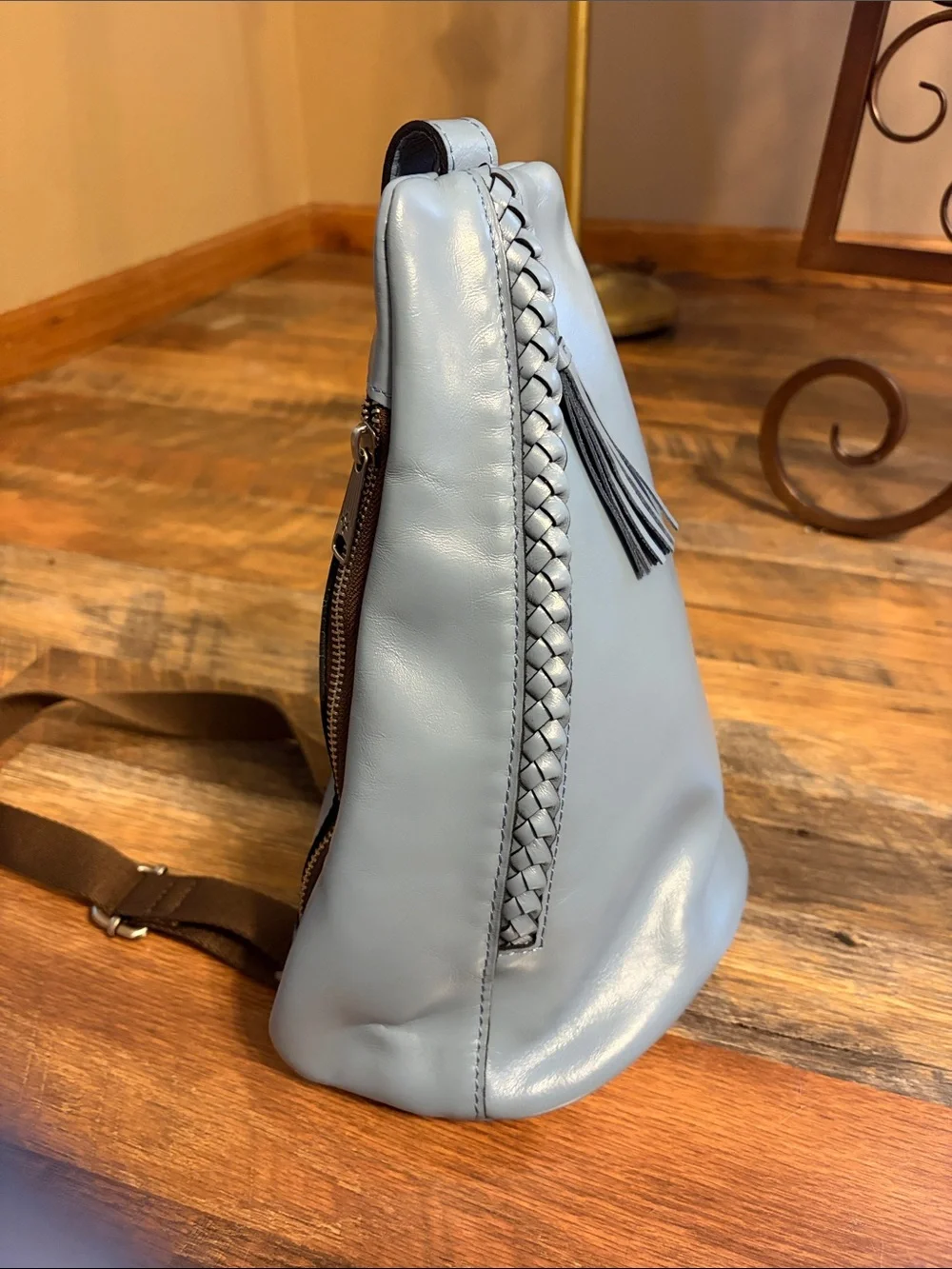 Patricia Nash Blue Leather Sling Bag with Braided Detail